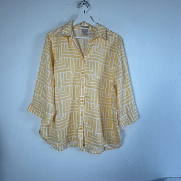 Chico's Womens Yellow Maze Print Linen No Iron Shirt Size 2.5 Button Down Casual - Picture 1 of 7